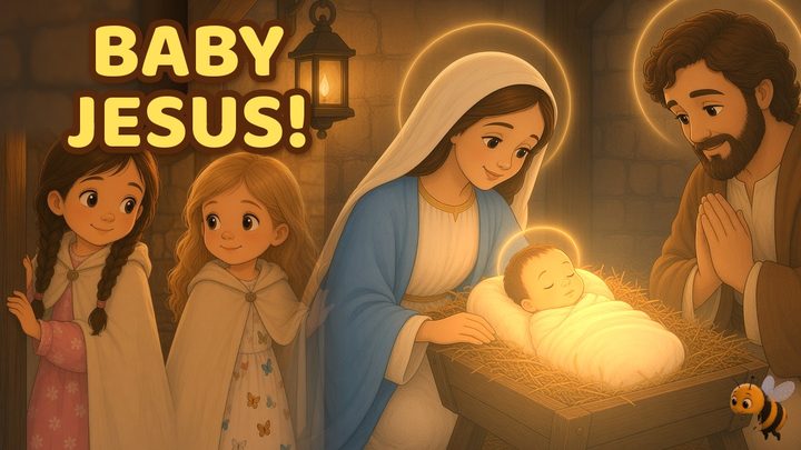 Episode thumbnail with the words Baby Jesus! Ella and Lyla, in white traveling cloaks, peek into the stable as Mary, in her blue mantle, smiles down at baby Jesus glowing in the straw of the manger. Joseph kneels with his hands folded in prayer, and Honey the Bumblebee buzzes nearby.