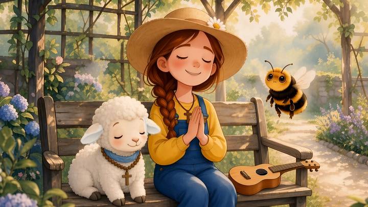 Gracie sits on a garden bench with her hands folded in prayer, eyes closed and smiling. Pip the Lamb, wearing his blue collar and wooden prayer beads, rests beside her, and Honey the Bumblebee hovers nearby.